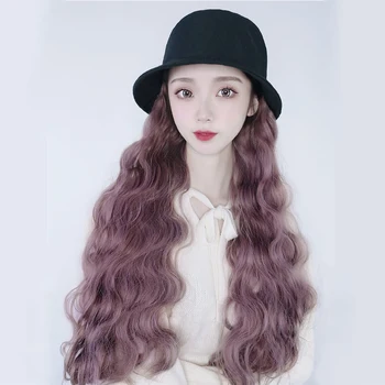 

Long Wavy Curly with Hat Wide Brim Cap New Fashion Synthetic Heat Resistant Botten Lavender Purple For Women African American