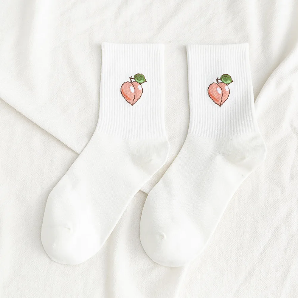 White peach Женские носки с фруктами, повседневные однотонные хлопковые носки авокадо, персик, банан, вишня, вышивка, Харадзюку, женские носки - Цвет: White peach