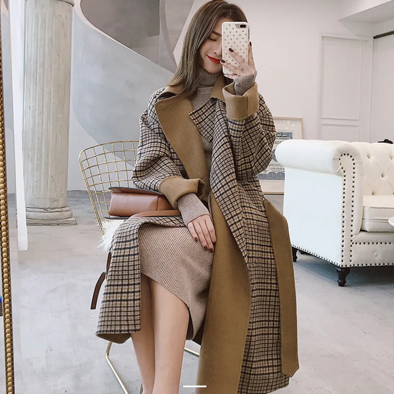 

[EWQ] Double Breasted Long Sleeve Plaid Leisure Oversize Modern Lady Slim Woolen Coat Korea Khaki Overcoat Woman Winter QL065