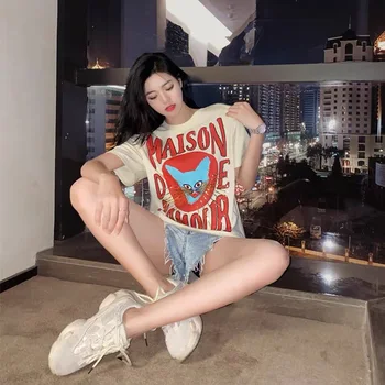 

2020 Early G Home Cat Mi Heavy Industry Sequins Embroidery Short Sleeve Female Loose Trend Joker Lady T Shirt