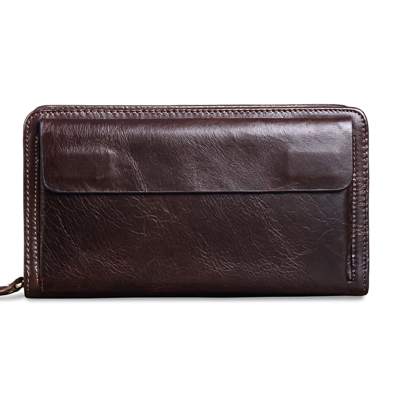 

Mingshi men's handbag business leather wallet top layer cowhide change solid zipper long bag