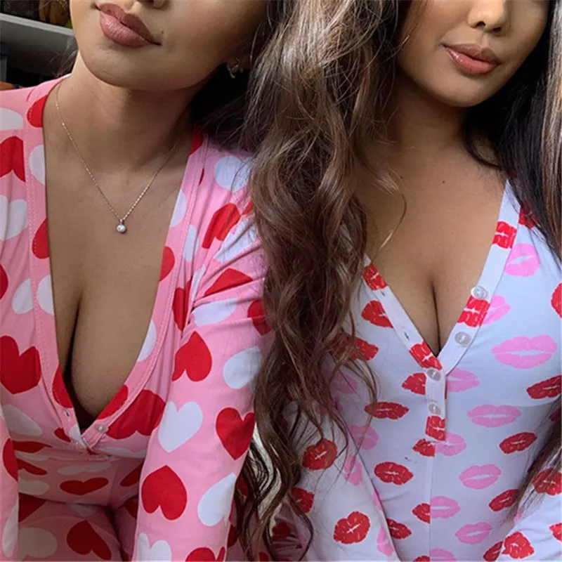 Sexy Onesies For Adults Women V-Neck Button Bodycon Bodysuit Fashion Printed Long Sleeve and Trousers Jumpsuit Romper Pajamas