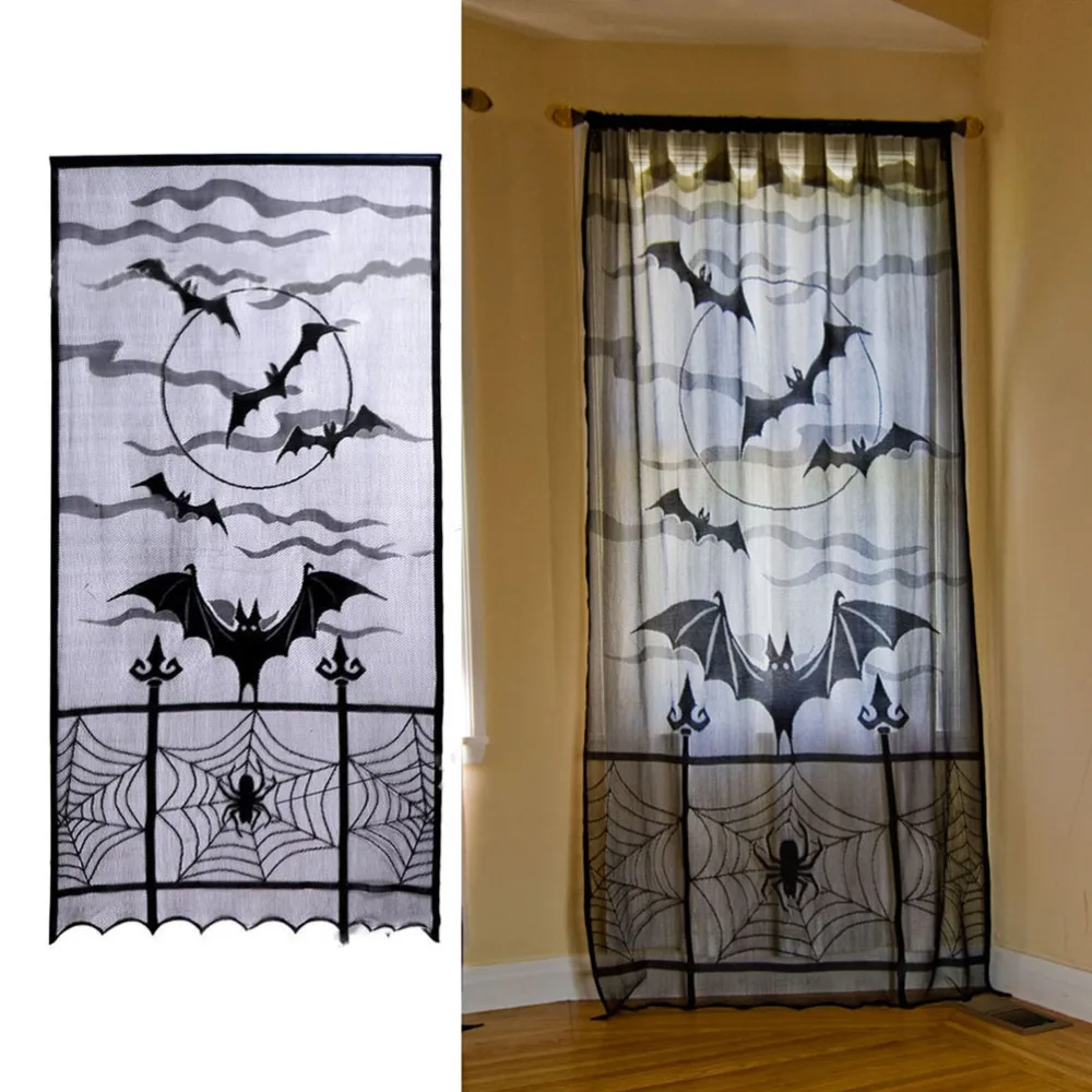 Black Halloween Lace Window Curtain Panel Halloween Holiday Party Home Door Deco 