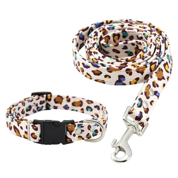 

New Leopard Print Dogs Collar and Leash Set Adjustable Cotton Dog Necklace for Pet Cute Puppy Collar Small Dogs Pet Accessories