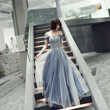 

Off Shoulder Female A-line Cheongsam Elegant Blue Long Evening Party Dress Exquisite Short Sleeve Mesh Qipao Vestidos Defesta
