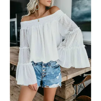 

Autumn Spring Flare Sleeve Blouse Plus Size Loose Tops 2019 Women Fashion Casual Off Shoulder Tops Blouse Trumpet Sleeve Shirt