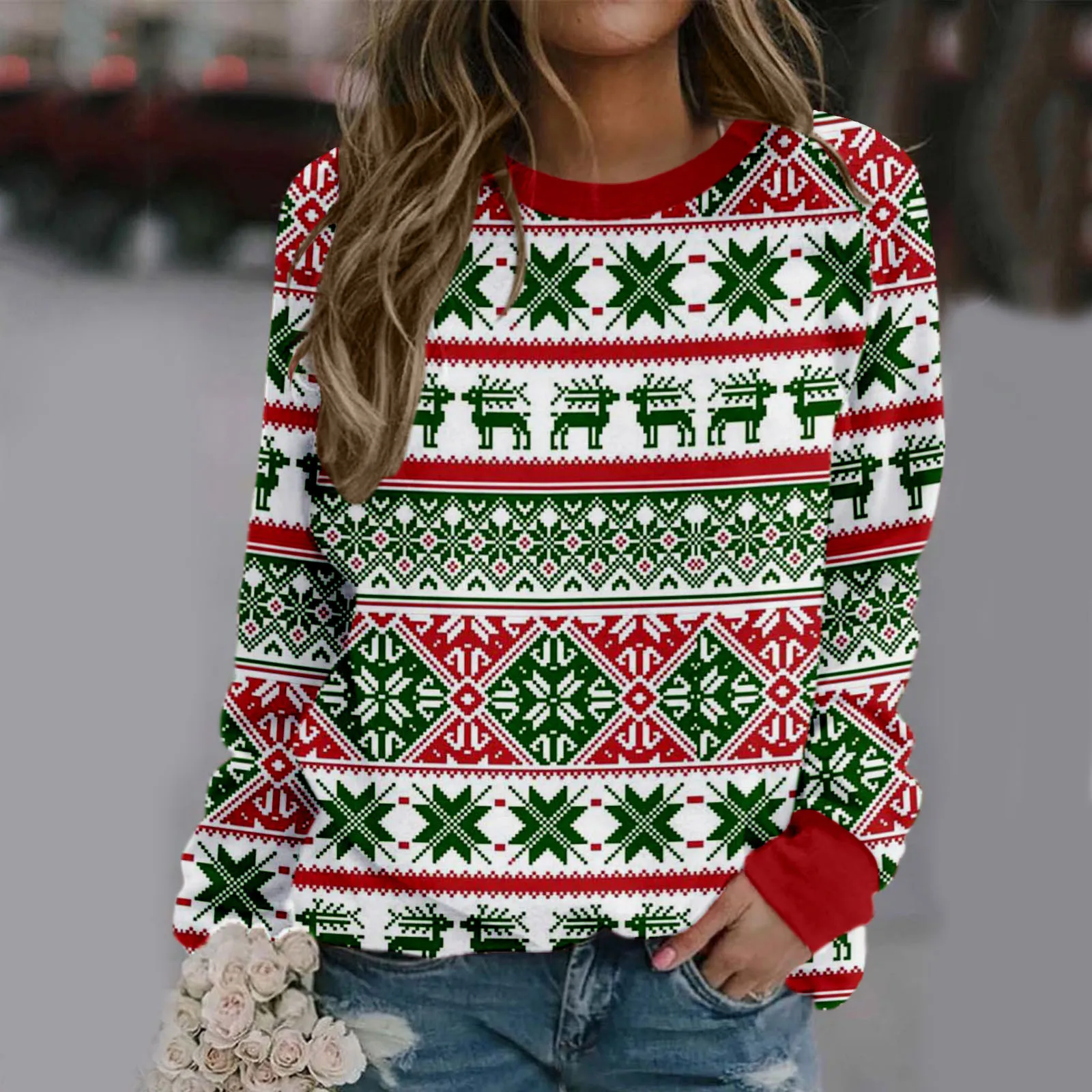 Women Christmas Sweatshirt Christmas Gnome Print Long Sleeve Off Shoulder Sweatshirt Off Shoulder Pullover Shirt(S/M/L/XL/2XL) 1