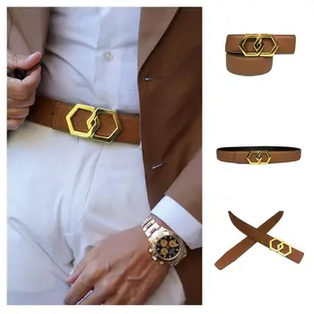 

Genuine Leather Luxury Hexagons Lichi Leather Belt Men Women Classy Bling Buckle Stainless Steel Cow Leather Yellow Belt
