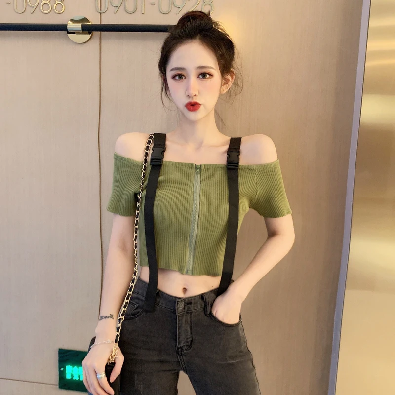 short sweet slash neck zippers summer new Korean style off shoulder Trend temperament ladies tops Women's Clothing T-Shirts hot