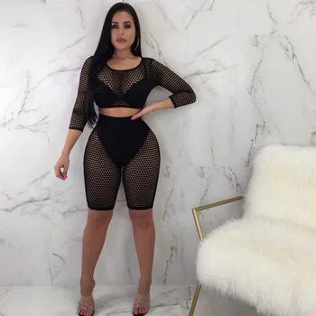 

Hirigin Sexy Fishnet Cover Up Women Long Sleeve Beach 2 PIece Set Bikini Cover Ups 2019 New Solid Black Women Summer Clothes Hot