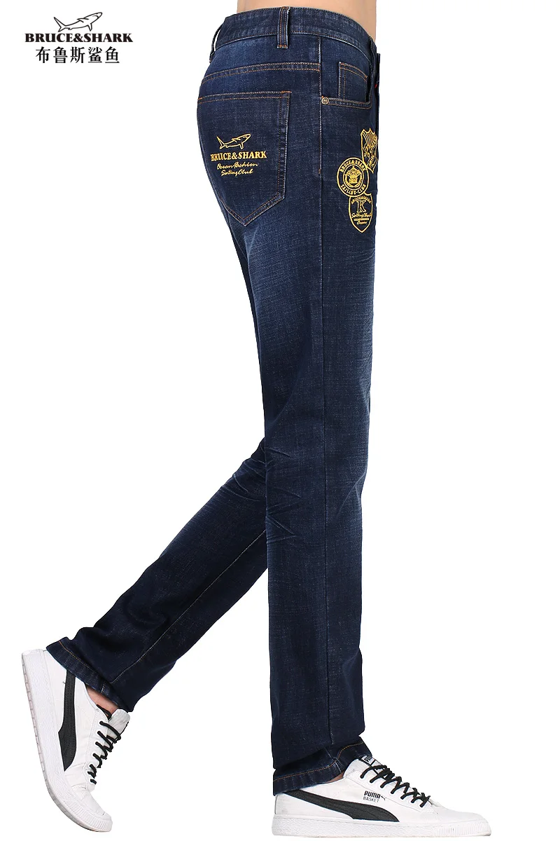 Low Price Bruce&Shark Men jeans  slim fit pants classic Embroidery  jeans male denim Trousers Casual skinny Straight Elasticity Thick warm