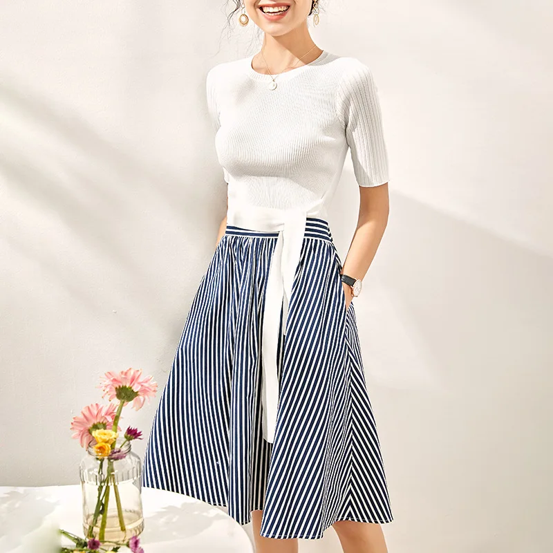 Женский комплект из 2 предметов вязаная рубашка с бантом и хлопковая юбка в