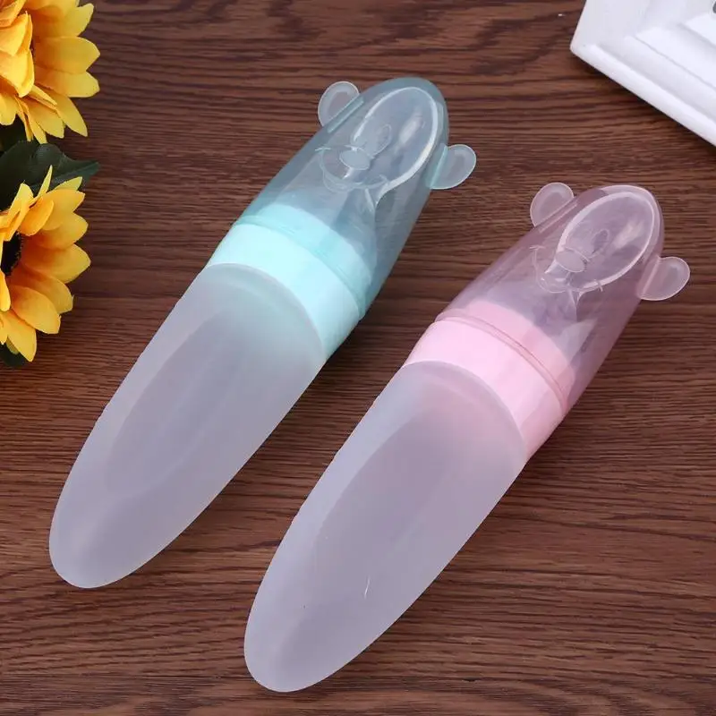 Newborn Baby Squeezing Feeding Bottle Silicone Training Rice Spoon Infant Cereal Food Supplement Feeder Rice Cereal Bottle Spoon