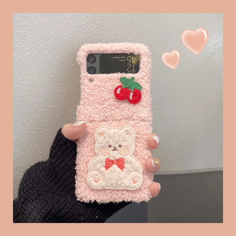 New Cute Cartoon Fabric 3D Cherry Bear Plush Phone Case for Samsung