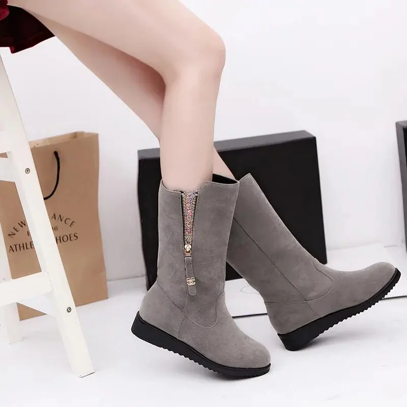 

Large Size Autumn And Winter New Style Nubuck Leather Biker Boots Tube Warm Comfortable Large Size Boots Casual Flat Short