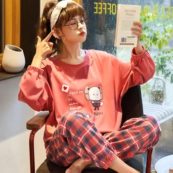 

Cotton Womens Pajamas Casual Crew Neck Long Sleeve Nightwear Homewear Spring Autumn Female Sleepwear Pyjamas Women