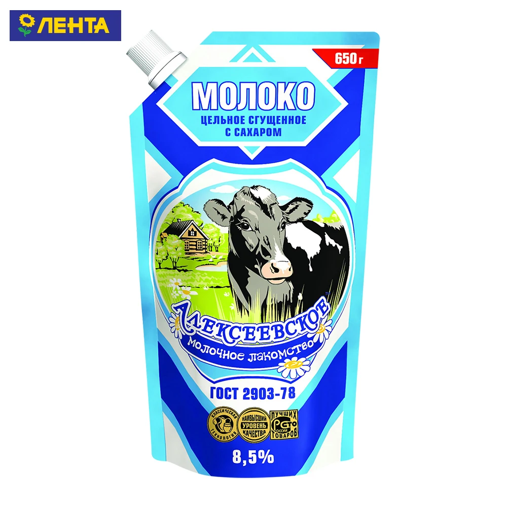 Молоко сгущенное с сахаром 8.5% doypack (650грх 18шт) тм алексеевское (4607109470237)