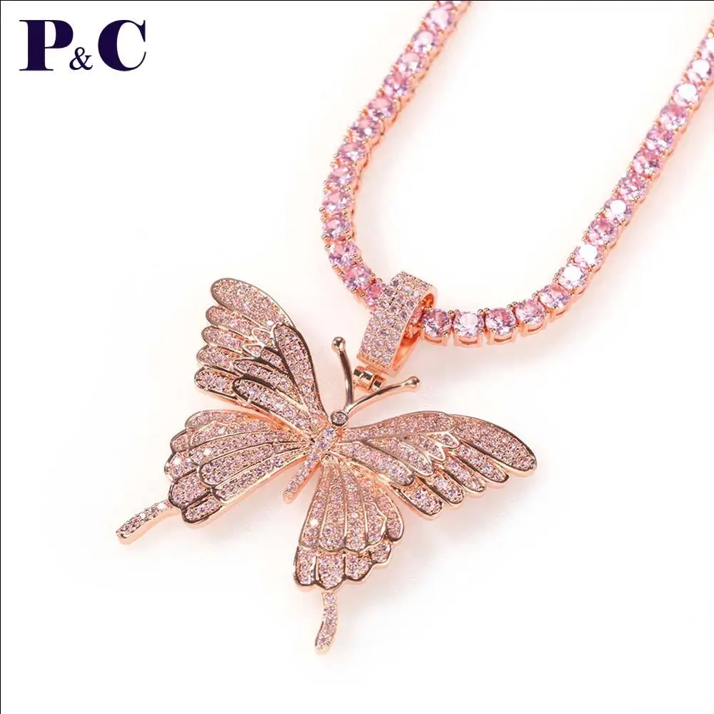 Animal Pink Butterfly Necklace &amp Pendant Iced Out Tennis Chain Color AAA Cubic Zircon Men's Women Hip hop Rock Jewelry | Украшения и
