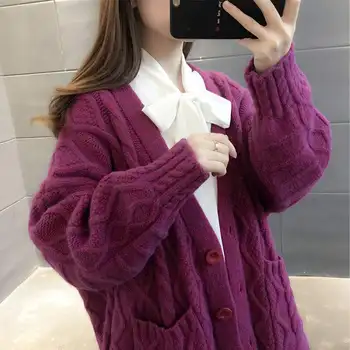 

Sweater women's cardigan mid-length 2020 autumn and winter New loose outer wear thick sweater