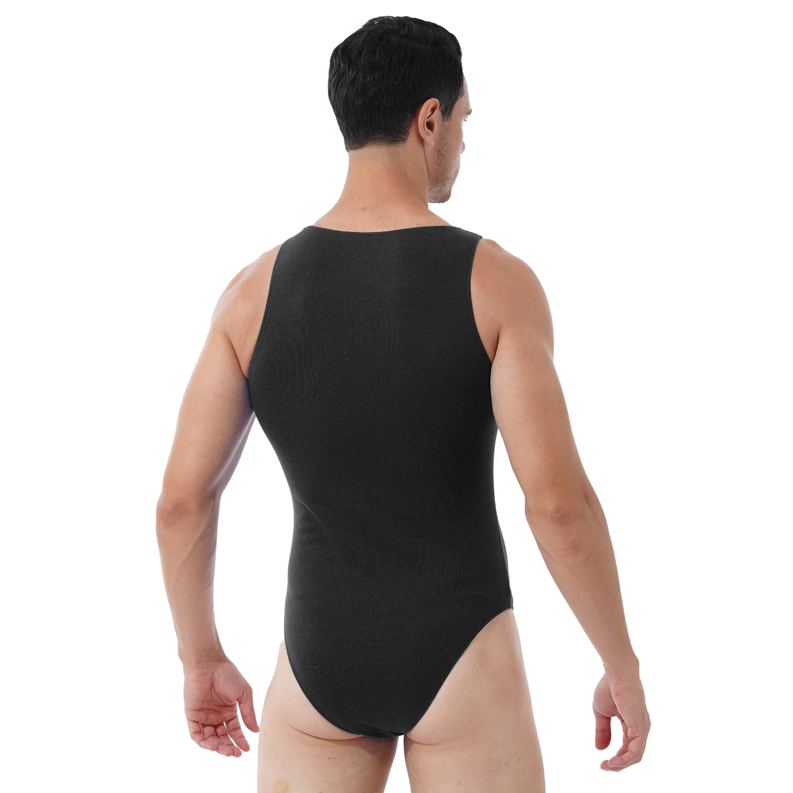 TiaoBug Summer Men Swimming Bodysuit Leotard Deep U Neck Sleeveless Press Button At Crotch Vest Shirt Jumpsuit For Fitness Gym