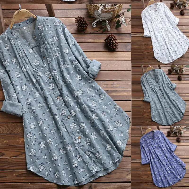 

Autumn Womens Shirts Tops Fashion Long Sleeve V-Neck Pocket Long Shirts Button Floral Print Loose Baggy Shirt 2019 New Plus Size