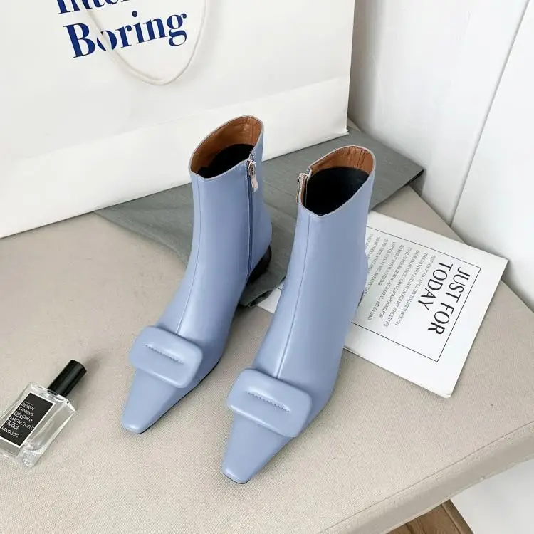 

Womens Pointed Toe Ankle Boots Genuine Leather Side Zipper Square Buckle Mid Strange Egg Heel Martin Shoes Black Smoky blue