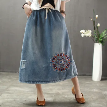 

Embroidery Floral Elastic High Waist Denim Skirts Women Summer Loose Ripped Bleached A-Line Skirt Ladies Retro Art Maxi Skirts