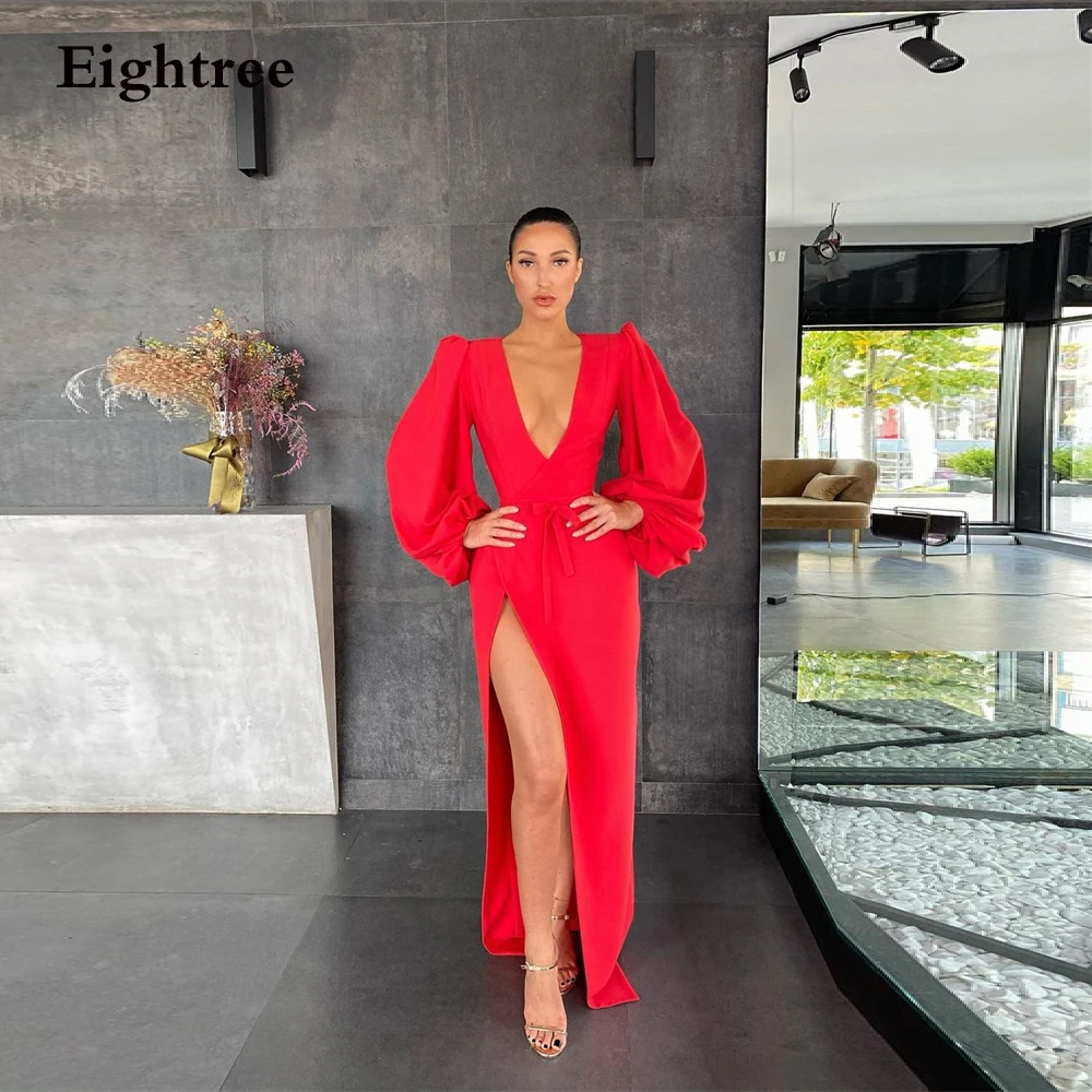 Eightree 2022 Simple V Neck Red Long Prom Dresses Long Sleeves Evening Dress Long Side Split Formal Party Prom Gowns Vestidos orange prom dresses