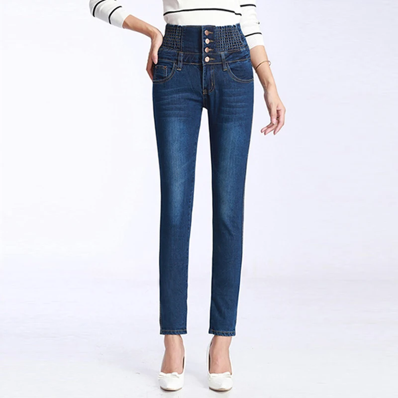 Navy blue Thin Вельветовые женские зимние теплые синие обтягивающие джинсы с высокой талией, женские эластичные джинсы до щиколотки, женские брюки размера плюс - Цвет: Navy blue Thin