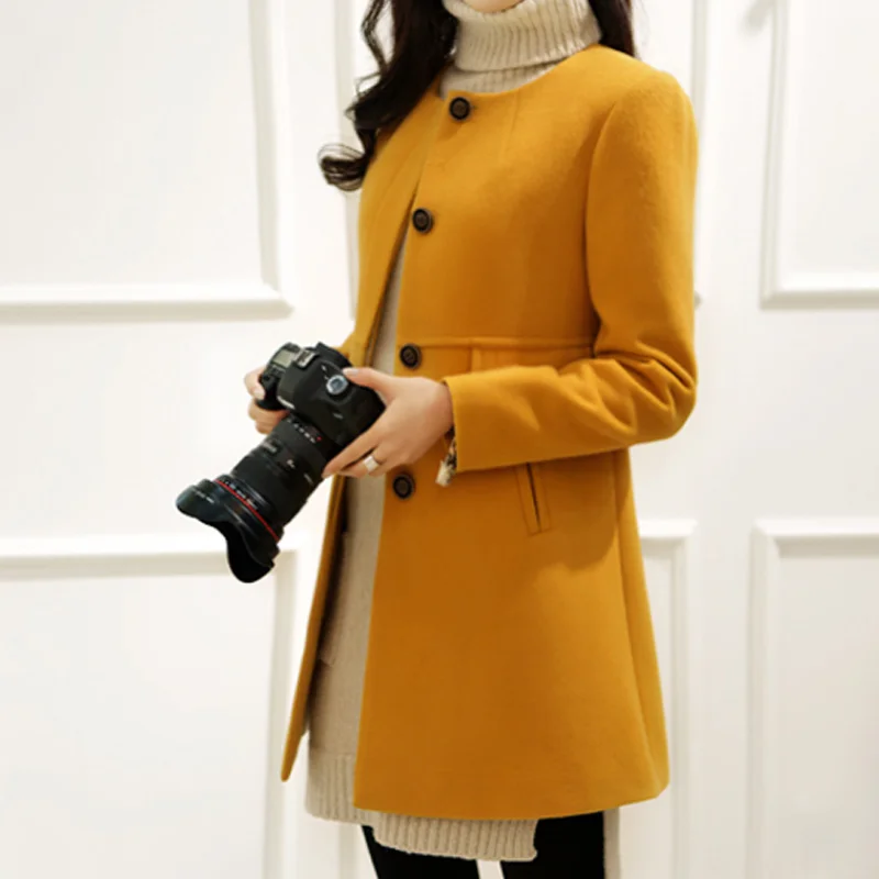Новинка, весеннее осеннее шерстяное пальто размера плюс, женское Свободное пальто a-aline с длинным рукавом и круглым вырезом, средней длины, черное, желтое, корейское пальто Casacos