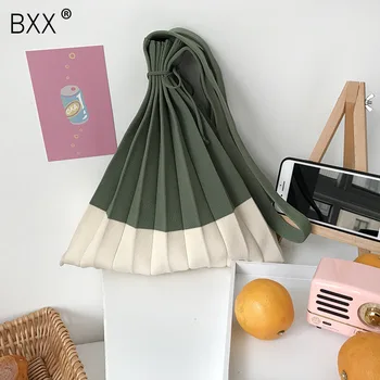 

[BXX] Knitting Pleated Bags Patchwork Drawstring Shopping Bag Girls Causal Weave Shoulder Bag Korean Japanese Chic Handbag HK583