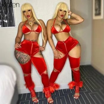 

KLALIEN sexy halter Bikini camisole + velvet fabric high waist hollow out patchwork pants 2020 woman club party 2 pieces sets