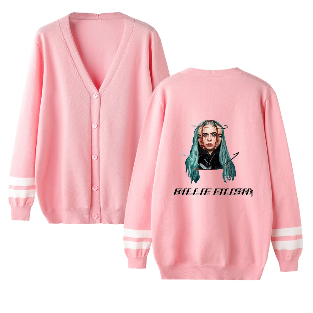 Billie Eilish Harajuku женские Свитера Осень Зима Кардиган Повседневный v-образный вырез однобортный с пышными рукавами Свободная одежда