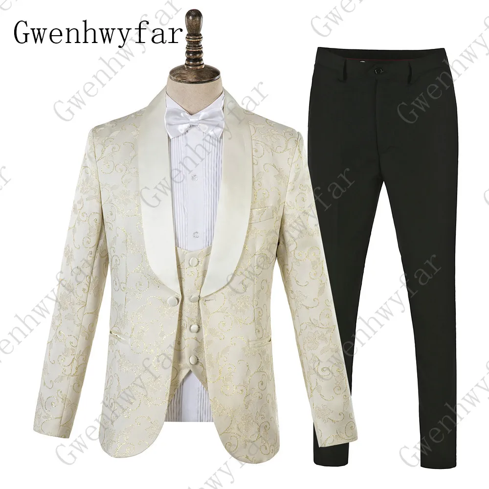 Gwenhwyfar, новинка, жаккардовый дизайн, мужские костюмы, цветочные, для банкета, ужина, вечерние, смокинги, 3 штуки, свадебные костюмы для мужчин, Traje Hombre
