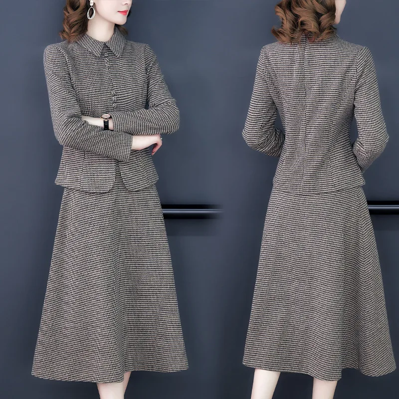 2020 New Vintage Autumn Winter Dress Suits Women Elegant Woolen Suit Women's Plaid Two Piece Set Clothing Blazer Top and Bottom