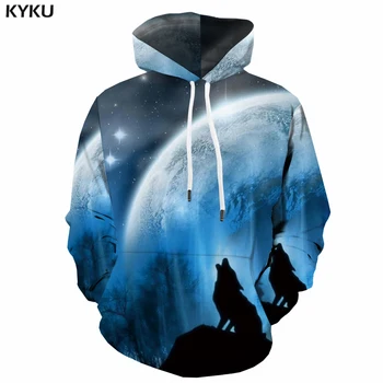 

KYKU Brand Wolf Hoodie Men Galaxy 3d Printed Moon Hoodie Print Blue Hooded Casual Animal Hoody Anime Unisex Hip Hop Autumn New