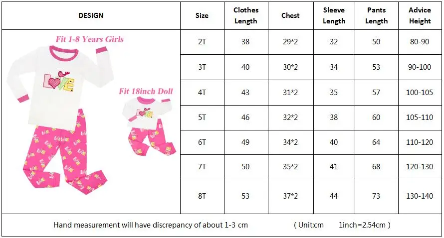 Платье для маленьких девочек пижамы+ подходящий 18 дюймов dolls'pajama для малышей Милая одежда для сна для девочек Милая домашняя одежда для малышей, осенняя Пижама комплект