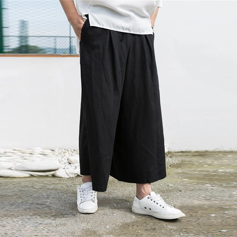 Korean version of the trend of nine points pants tide men's pants linen cloth wide-leg cotton linen skirt loose Chin