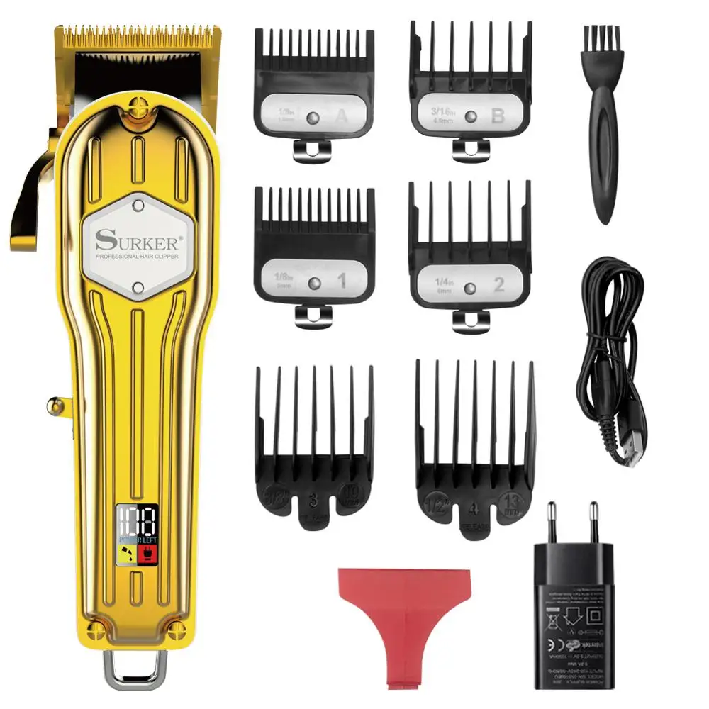 Surker Беспроводная Парикмахерская Машинка для стрижки волос профессиональный триммер для волос для мужчин полностью металлический Электрический Резак для волос Золотая машинка для стрижки