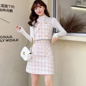 

Autumn Winter Sweet Wool Clothing Suit Women Plaid Golden Double Breasted Tweed Vest Crop Top + High Waist Pocket Mini Skirt Set
