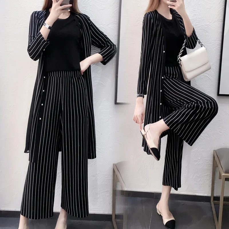 

2019 New Striped Three-piece suit top and pants Medium long coat Set plus size lounge wear autumn clothes for women korean style