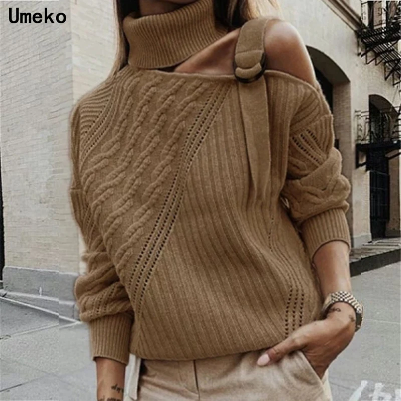 Umeko сексуальный вязаный свитер с лямкой на шее женский джемпер на осень и зиму пуловер без бретелек с длинным рукавом женская вязаная одежда
