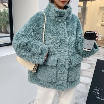 

2020 Genuine Wool Soft Winter Button Stand Collar Jackets Real Shearing Sheep fur Coats Winter Patch Pocket