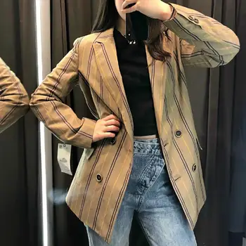 

2019 Women's Autumn Long Sleeve Blazer Jackets Double Breasted V-Neck Slim Suit Striped Button Office Casual Coat