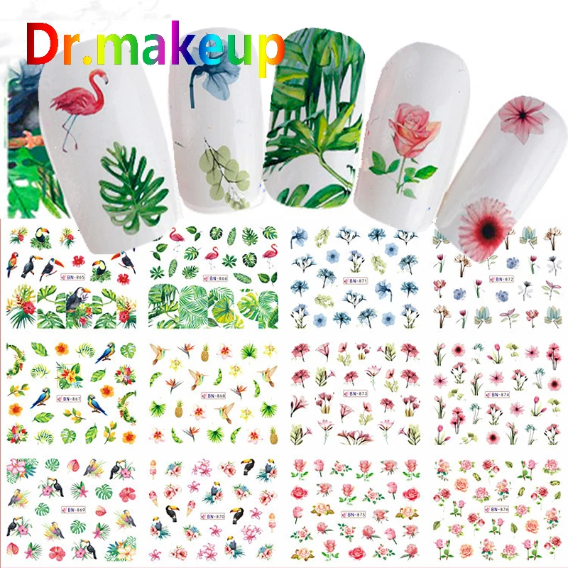 Dr.makeup 12pcs 3D Summer Water Transfer Nail Stickers DIY Flamingo Flower Pink Adhesive Sliders Manicure Art Decals | Красота и