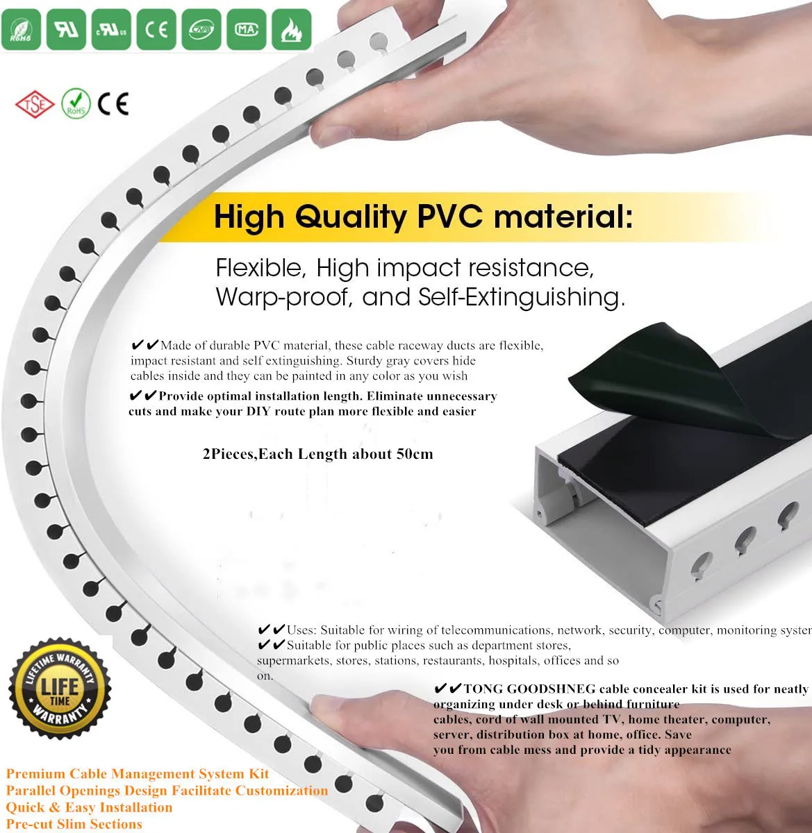 0.787"x0.7"Cable Raceway Kit,Open Slot Wiring Raceway Duct with Cover,On-Wall Cable Concealer Cord Organizer to Hide Wires Cord