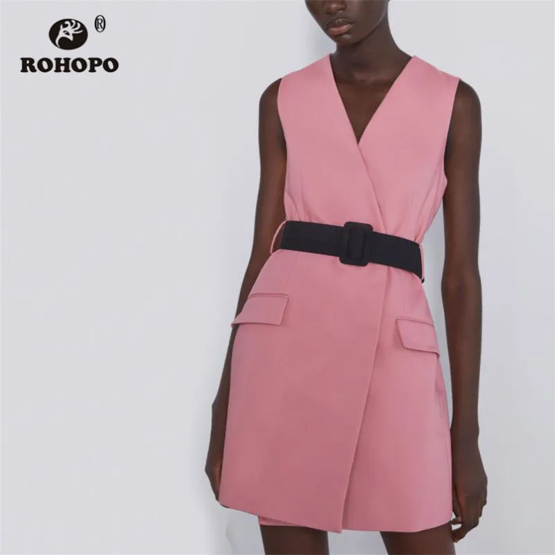 

ROHOPO Autumn Double Layer Solid Slim Pink Long Vest Chic Office Ladies Sashes Belted Waistcoat #9515