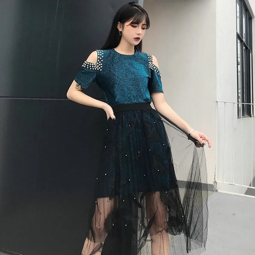 

Crew Neck off-Shoulder Beads Short Sleeve Liangsi T-shirt Dress + Gauze Medium-length Dress WOMEN'S Suit