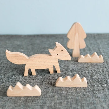 

Nordic animals wooden small ornaments creative cute animal building blocks house fox trees blocks