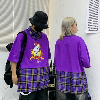 

Lattice Lapel Skull Print Shirt Tees Couple New Harajuku Japanese T Shirt Short Sleeve Plus Size Cotton Tshirts Hip Hop Men Tops